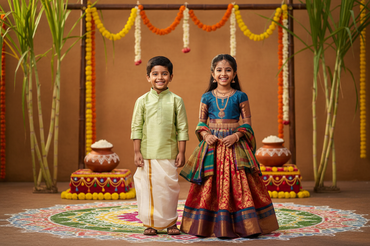 not too many kids on the frame and boy kid must wear half sleeve plain silk shirt with vesti and girl must wear traditional wear named paatu pavadai and also match the lighting for the kids and environment