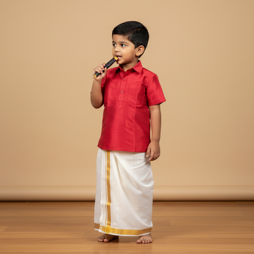 tamil boy wearing tamil traditional wear silk shirt and vesti eating sugarcane